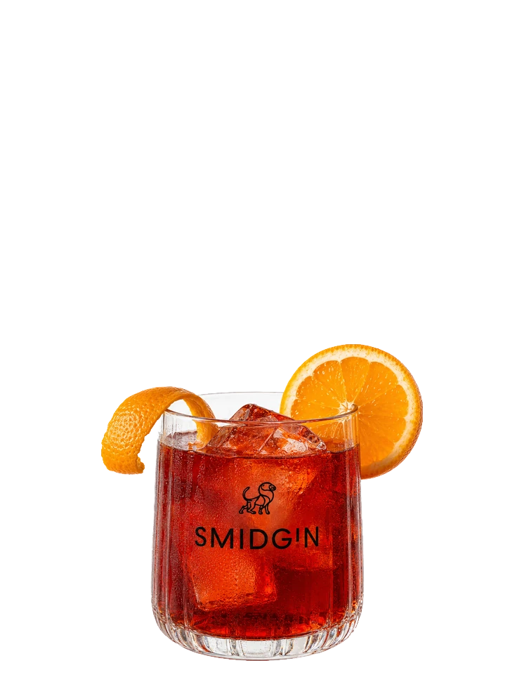 Negroni made with Smidgin, served over ice with an orange twist